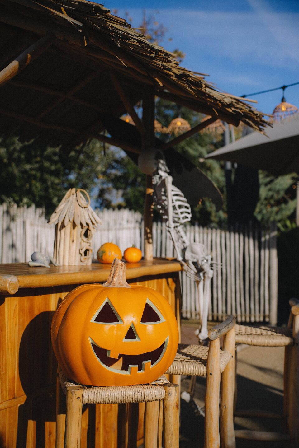 Citrouille et squelette d’Halloween au bar du camping La Capricieuse